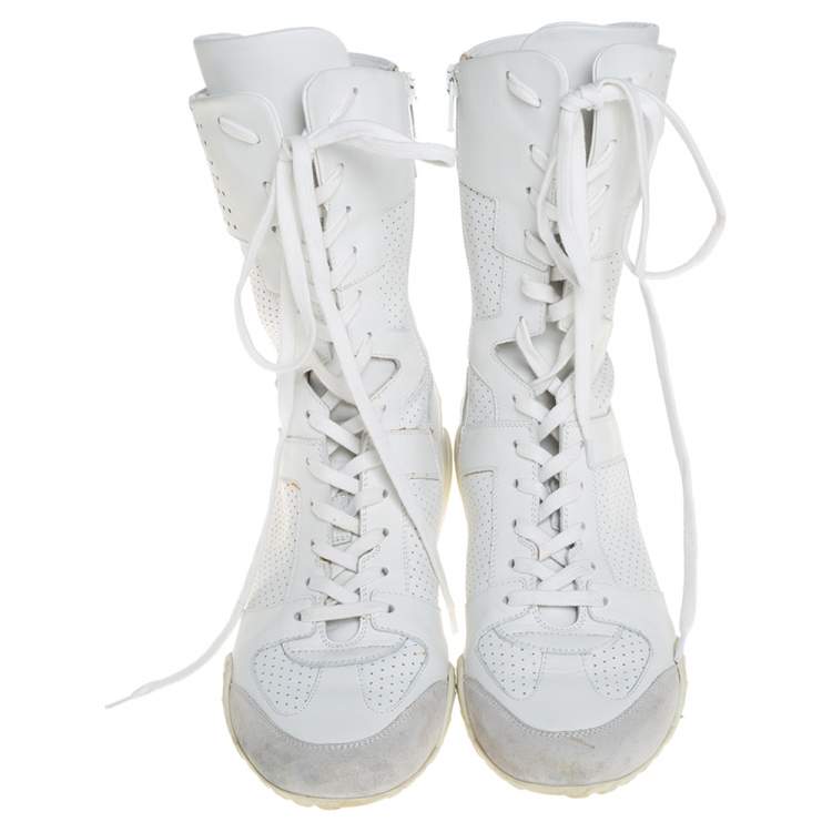 Pre Owned Dior White Perforated Leather Ankle Length Sneaker Boots Size 40