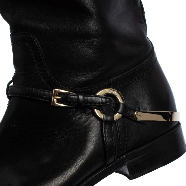 Pre Owned Dior Black Leather Buckle Detail Mid Calf Boots Size 37.5