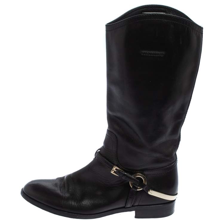 Pre Owned Dior Black Leather Buckle Detail Mid Calf Boots Size 37.5