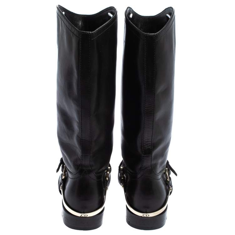 Pre Owned Dior Black Leather Buckle Detail Mid Calf Boots Size 37.5