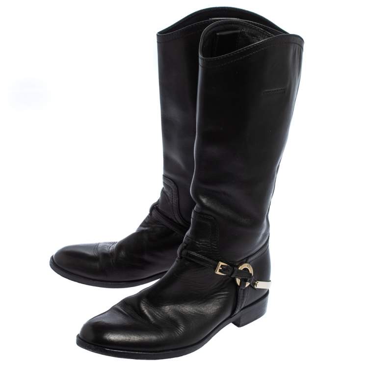 Pre Owned Dior Black Leather Buckle Detail Mid Calf Boots Size 37.5