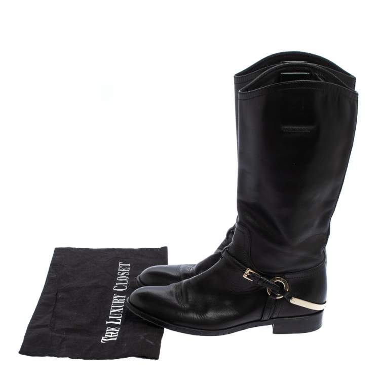 Pre Owned Dior Black Leather Buckle Detail Mid Calf Boots Size 37.5