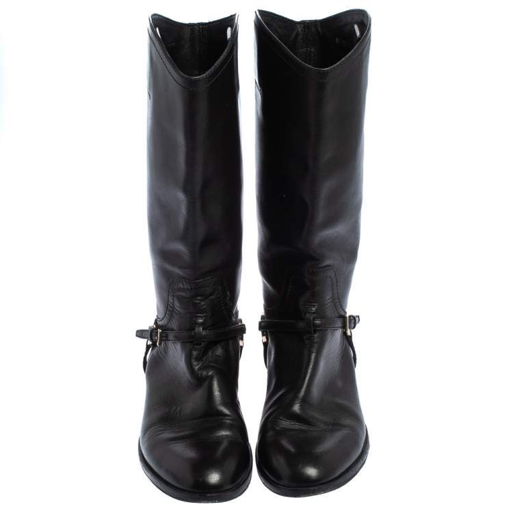 Pre Owned Dior Black Leather Buckle Detail Mid Calf Boots Size 37.5
