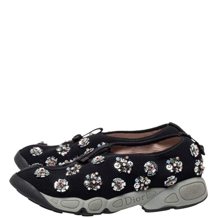 Pre Owned Dior Black Mesh Fusion Floral Embellished Slip On Sneakers Size 40
