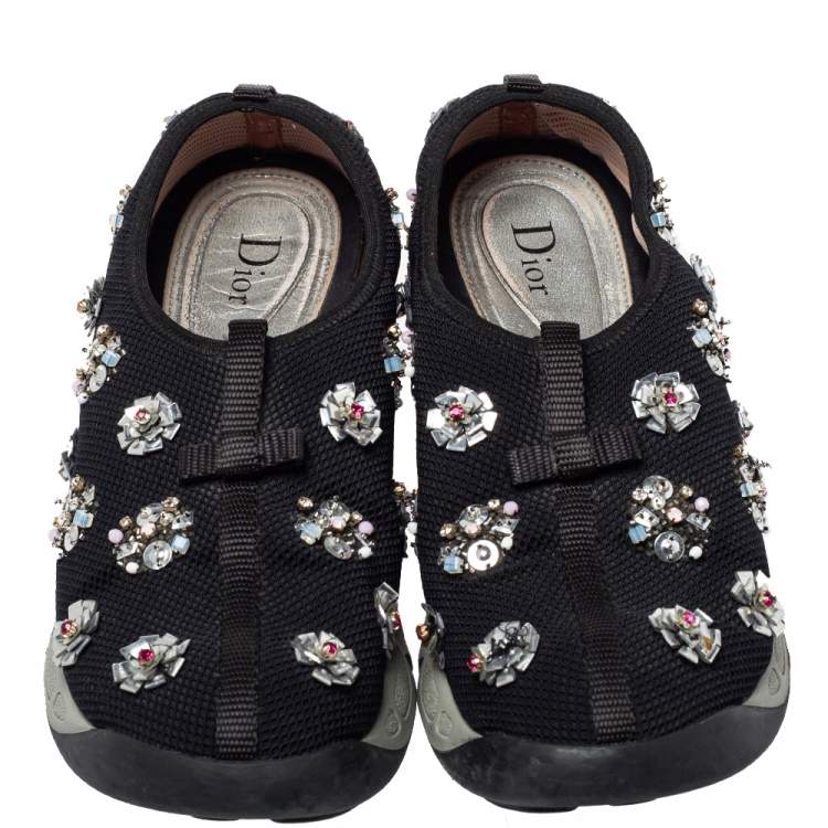 Pre Owned Dior Black Mesh Fusion Floral Embellished Slip On Sneakers Size 40