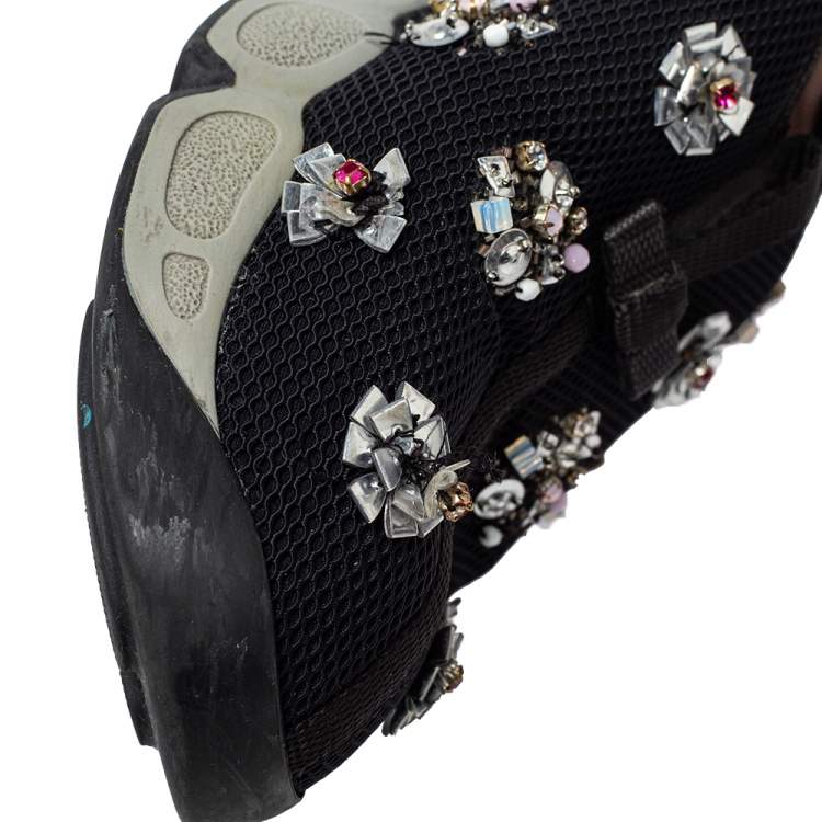 Pre Owned Dior Black Mesh Fusion Floral Embellished Slip On Sneakers Size 40
