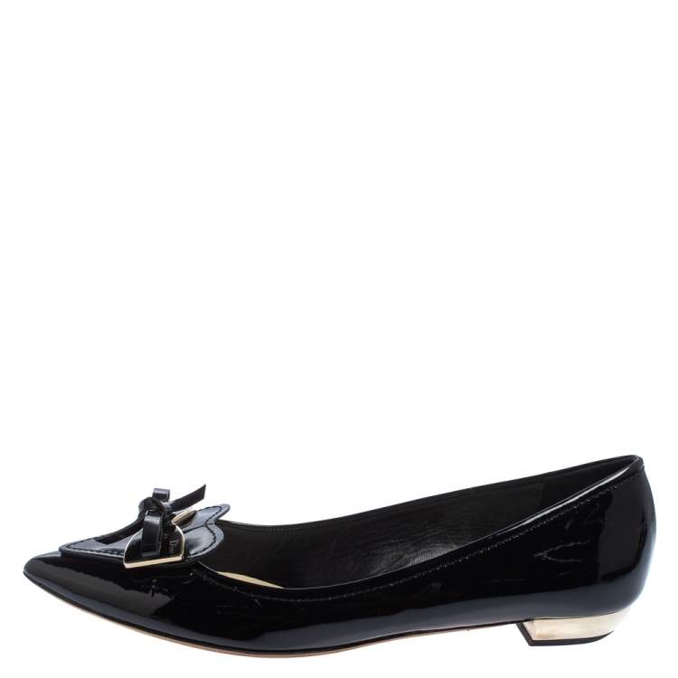 Pre Owned Dior Black Patent Leather Heart Bow Embellished Pointed Toe Ballet Flats Size 41