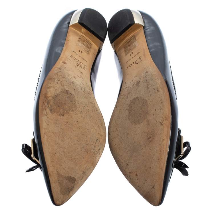 Pre Owned Dior Black Patent Leather Heart Bow Embellished Pointed Toe Ballet Flats Size 41