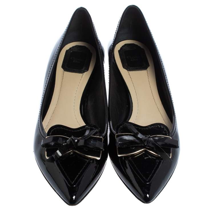 Pre Owned Dior Black Patent Leather Heart Bow Embellished Pointed Toe Ballet Flats Size 41