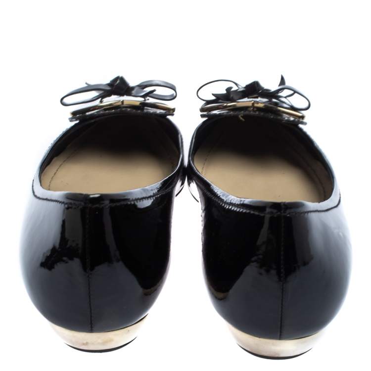Pre Owned Dior Black Patent Leather Heart Bow Embellished Pointed Toe Ballet Flats Size 41