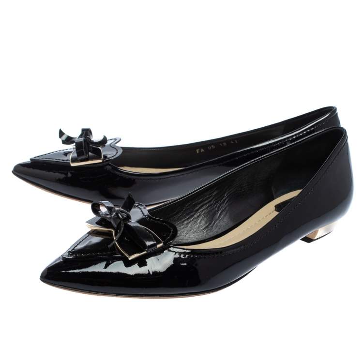 Pre Owned Dior Black Patent Leather Heart Bow Embellished Pointed Toe Ballet Flats Size 41