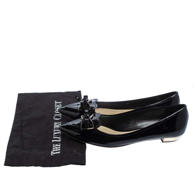 Pre Owned Dior Black Patent Leather Heart Bow Embellished Pointed Toe Ballet Flats Size 41