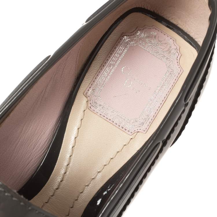 Pre Owned Dior Grey Patent Leather Bow Embellished Lucite Block Heel Loafer Pumps Size 38.5
