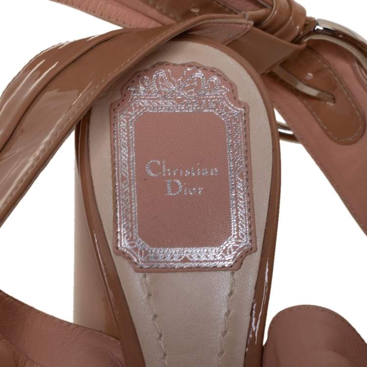 Pre Owned Dior Beige Patent Leather Ankle Wrap Buckle Strap Sandals Size 36