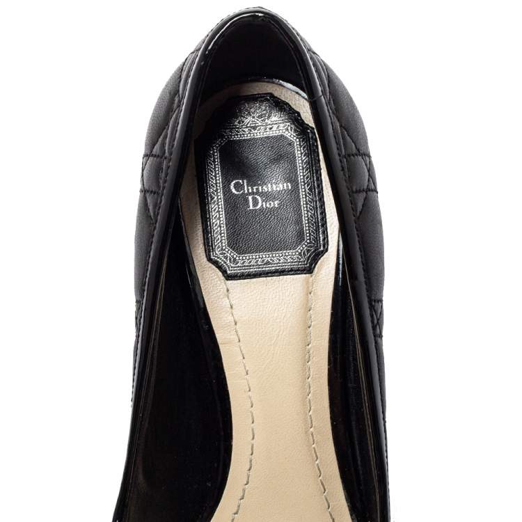 Pre Owned Dior Black Patent Leather And Leather Bow Peep Toe Platform Pumps Size 38