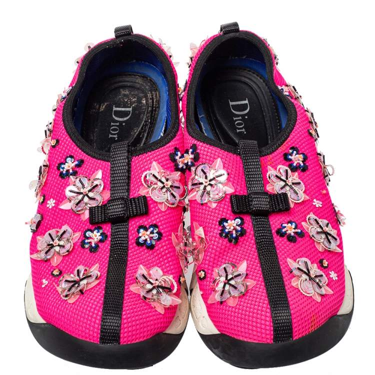 Pre Owned Dior Pink Mesh Embellished Fusion Slip On Sneakers Size 37