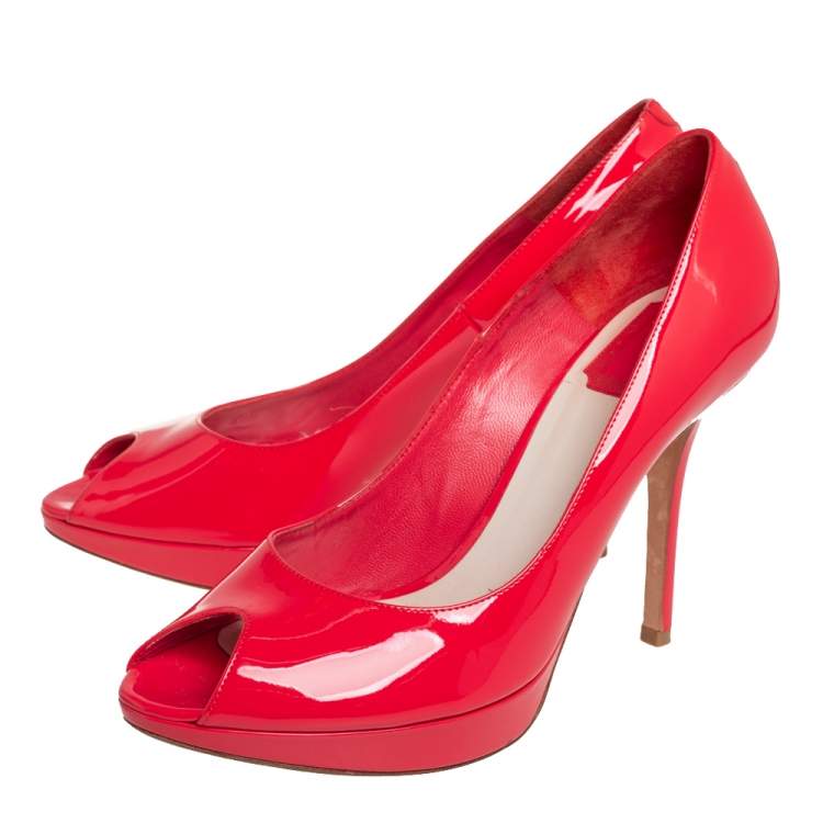 Pre Owned Christian Dior Red Patent Leather Miss Dior Peep Toe Platform Pumps Size 40