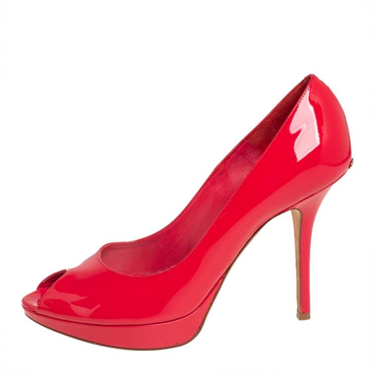 Pre Owned Christian Dior Red Patent Leather Miss Dior Peep Toe Platform Pumps Size 40