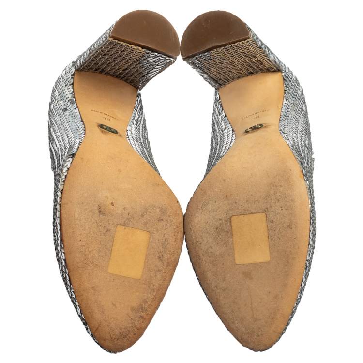 Pre Owned Dior Silver Sequin Block Heel Pumps Size 38