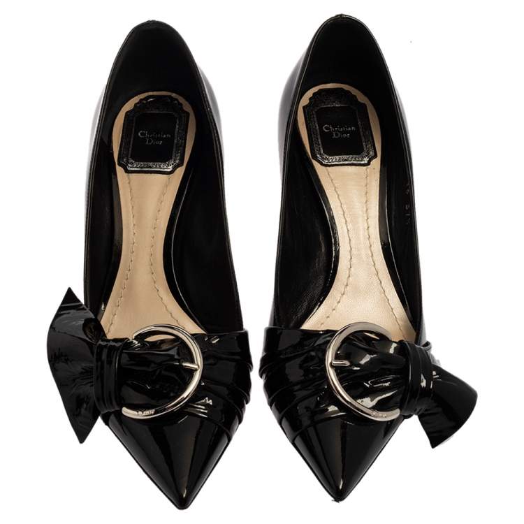 Pre Owned Dior Black Patent Leather Buckle Bow Pumps Size 37.5
