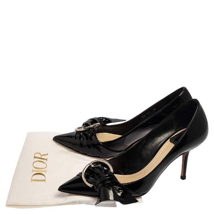 Pre Owned Dior Black Patent Leather Buckle Bow Pumps Size 37.5