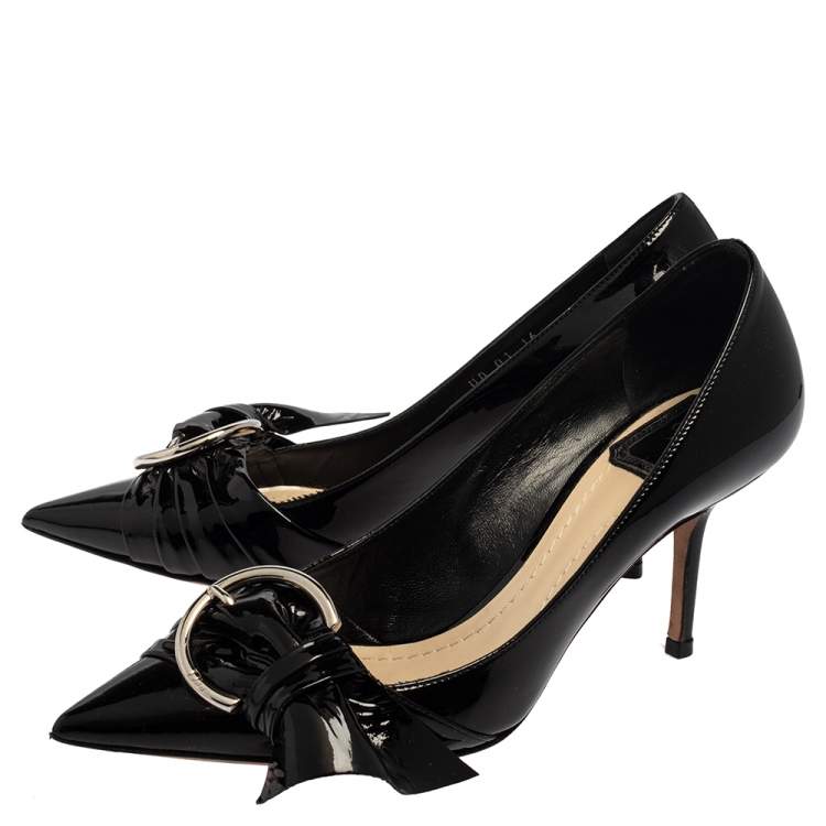 Pre Owned Dior Black Patent Leather Buckle Bow Pumps Size 37.5