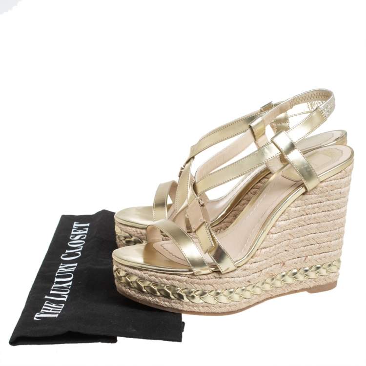 Pre Owned Dior Metallic Gold Leather Criss Cross Wedge Platform Espadrille Sandals Size 38.5