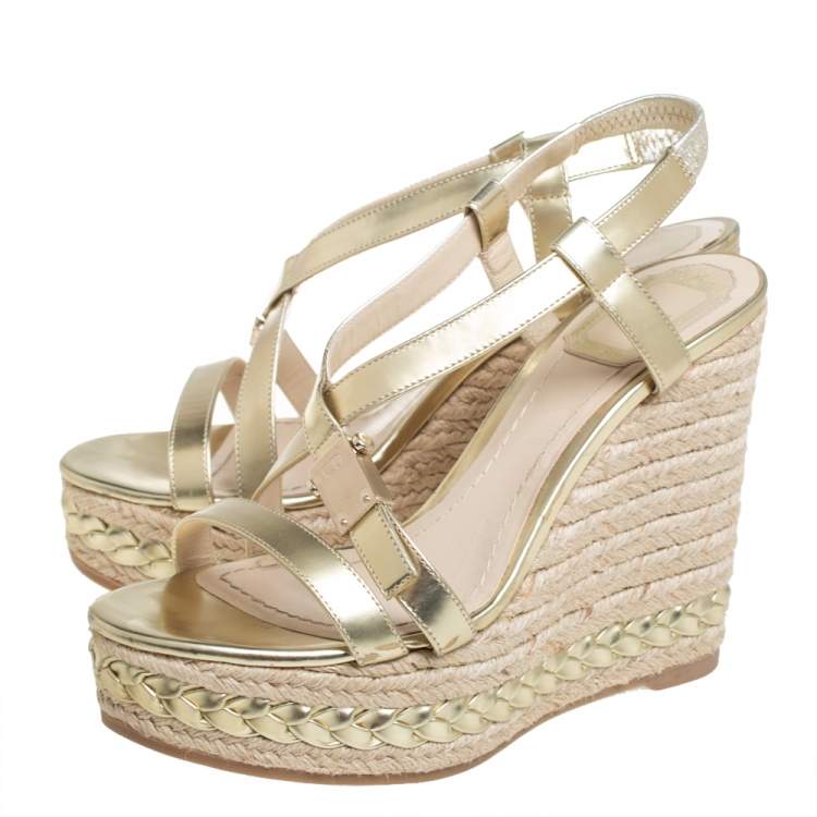 Pre Owned Dior Metallic Gold Leather Criss Cross Wedge Platform Espadrille Sandals Size 38.5