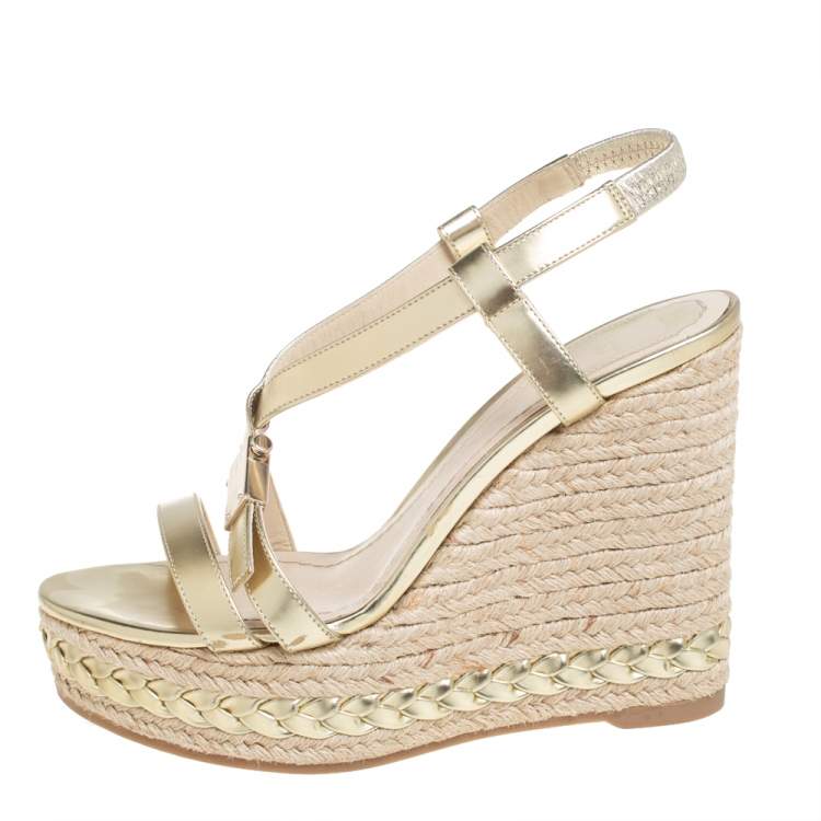 Pre Owned Dior Metallic Gold Leather Criss Cross Wedge Platform Espadrille Sandals Size 38.5