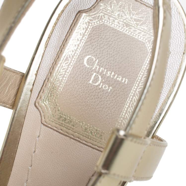 Pre Owned Dior Metallic Gold Leather Criss Cross Wedge Platform Espadrille Sandals Size 38.5