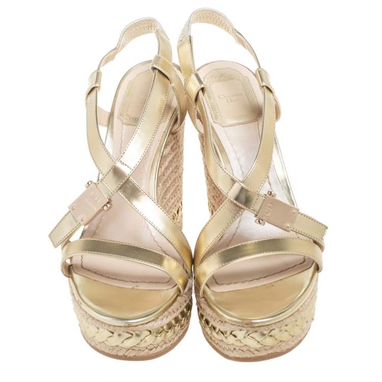 Pre Owned Dior Metallic Gold Leather Criss Cross Wedge Platform Espadrille Sandals Size 38.5