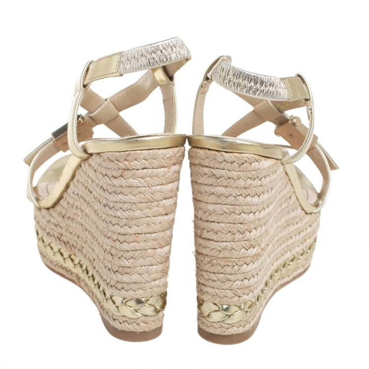 Pre Owned Dior Metallic Gold Leather Criss Cross Wedge Platform Espadrille Sandals Size 38.5