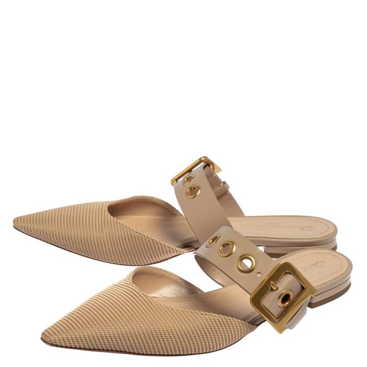 Pre Owned Dior Beige Fabric And Leather D Dior Flat Mules Size 40