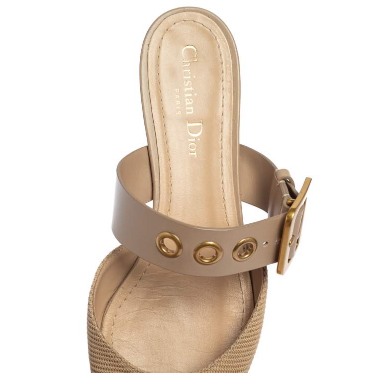 Pre Owned Dior Beige Fabric And Leather D Dior Flat Mules Size 40