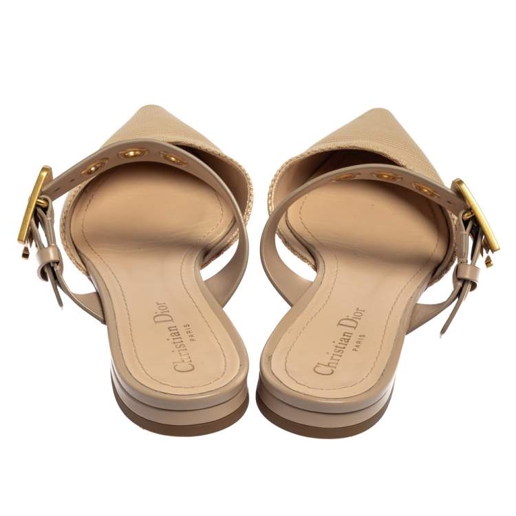 Pre Owned Dior Beige Fabric And Leather D Dior Flat Mules Size 40