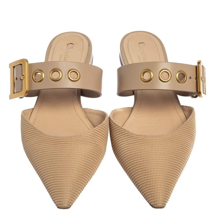 Pre Owned Dior Beige Fabric And Leather D Dior Flat Mules Size 40