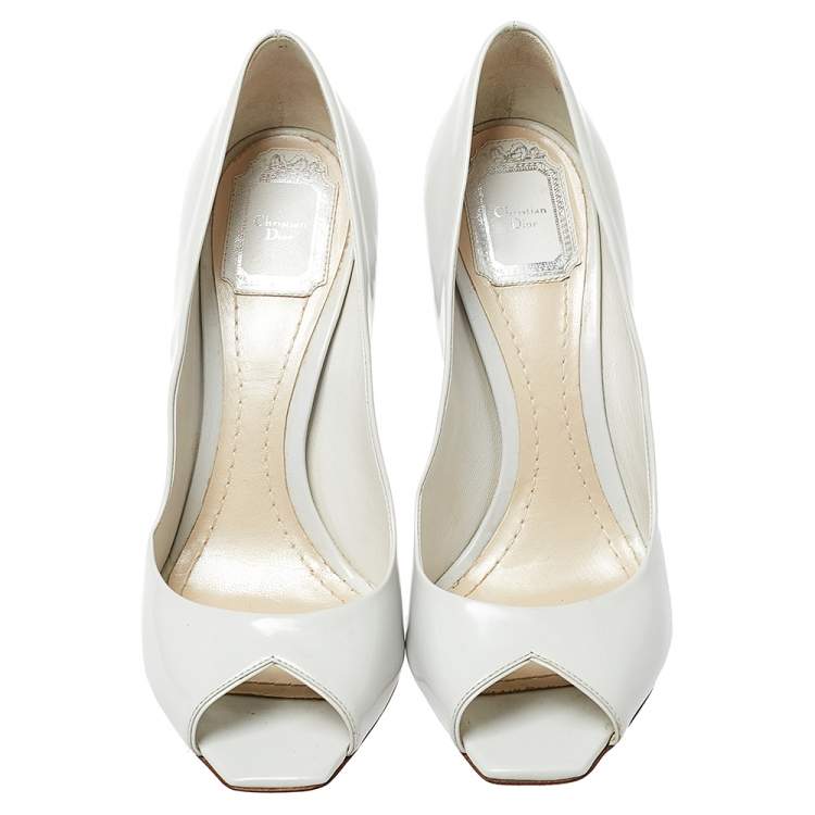 Pre Owned Dior Off White Patent Leather Eclipse Peep Toe Pumps Size 39.5