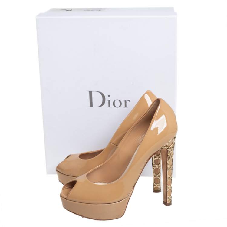Pre Owned Christian Dior Beige Patent Miss Dior Peep Toe Platform Pumps Size 36.5
