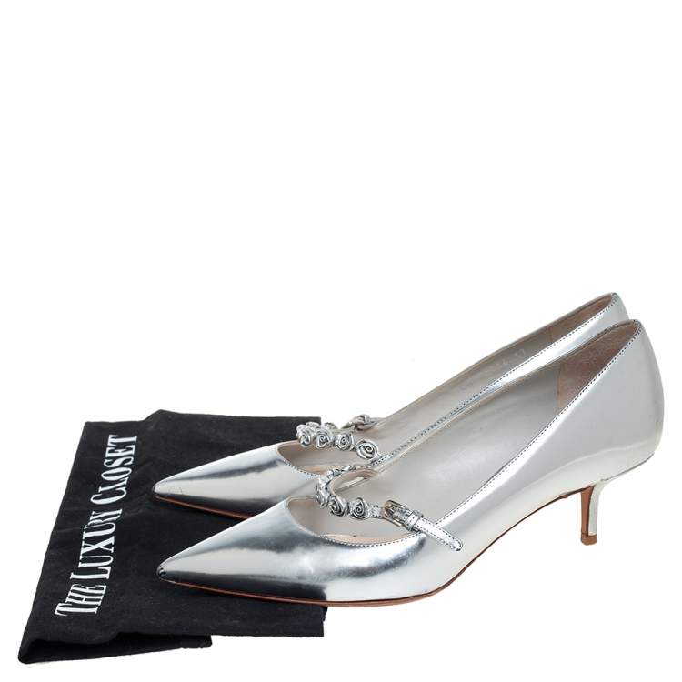 Pre Owned Dior Silver Patent Leather Embellished Pumps Size 37