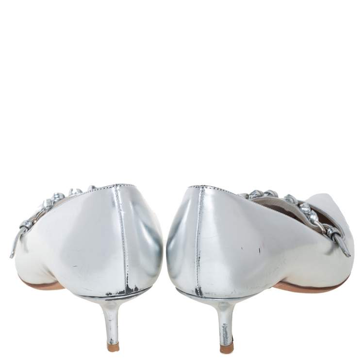 Pre Owned Dior Silver Patent Leather Embellished Pumps Size 37