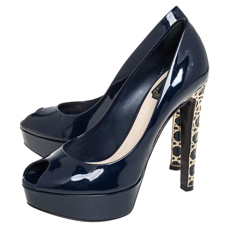 Pre Owned Christian Dior Navy Blue Patent Cannage Heel Peep Toe Platform Pumps Size 37
