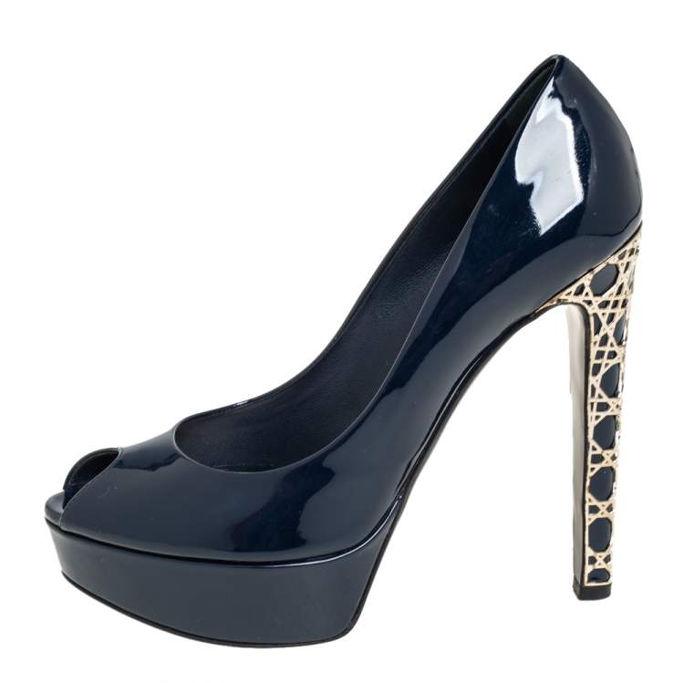 Pre Owned Christian Dior Navy Blue Patent Cannage Heel Peep Toe Platform Pumps Size 37