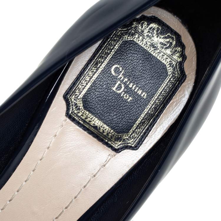 Pre Owned Christian Dior Navy Blue Patent Cannage Heel Peep Toe Platform Pumps Size 37