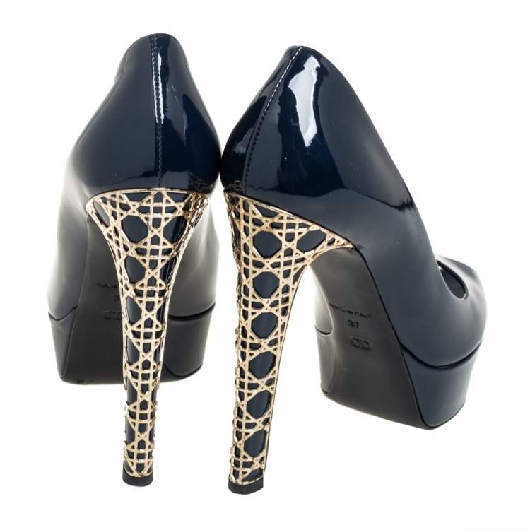 Pre Owned Christian Dior Navy Blue Patent Cannage Heel Peep Toe Platform Pumps Size 37