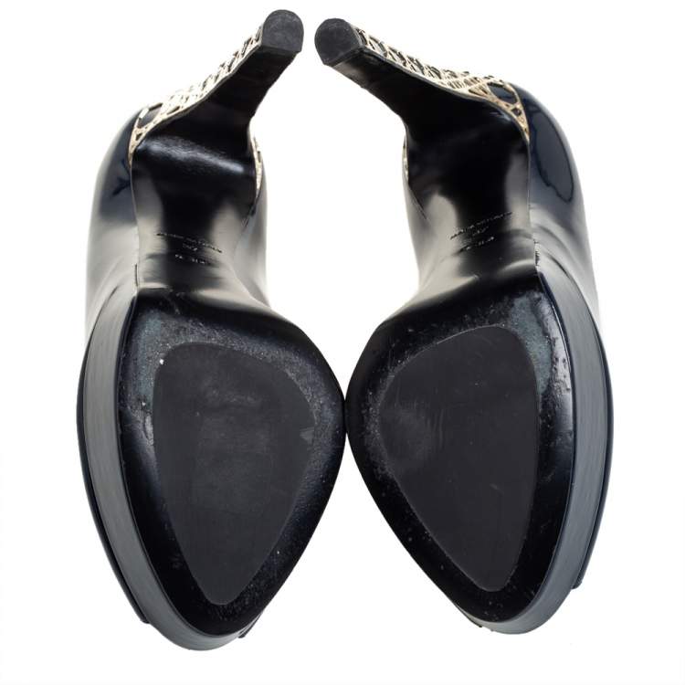 Pre Owned Christian Dior Navy Blue Patent Cannage Heel Peep Toe Platform Pumps Size 37