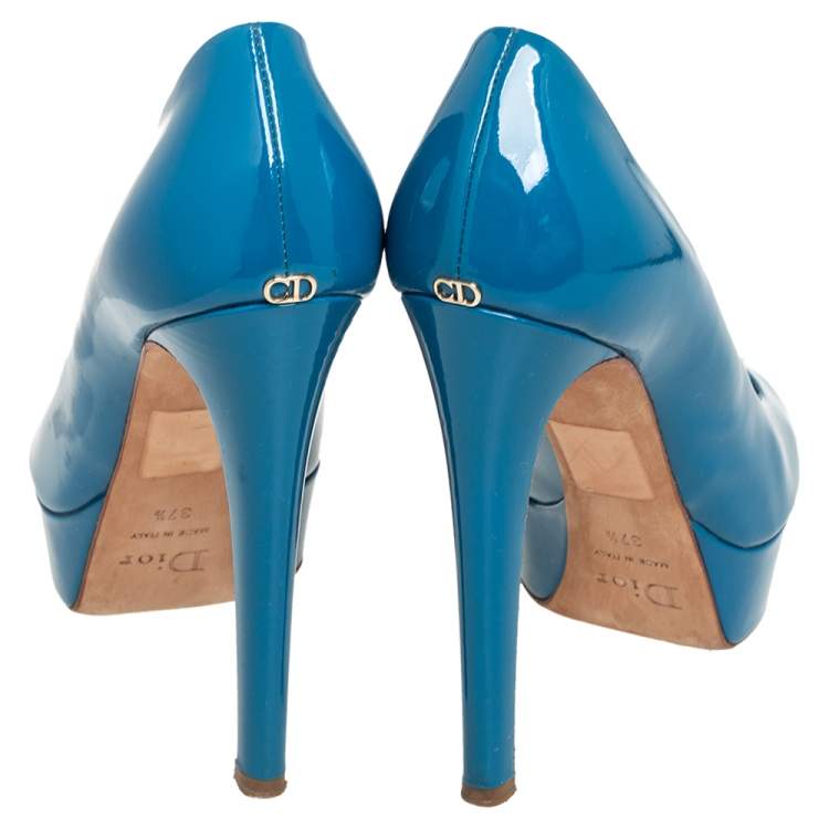 Pre Owned Dior Blue Patent Leather Miss Dior Peep Toe Platform Pumps Size 37.5