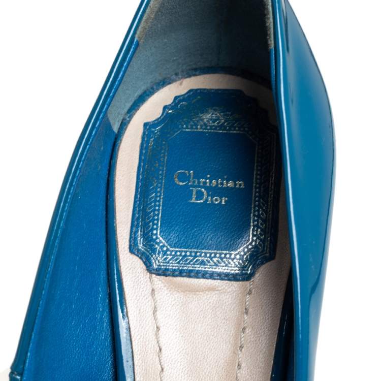 Pre Owned Dior Blue Patent Leather Miss Dior Peep Toe Platform Pumps Size 37.5