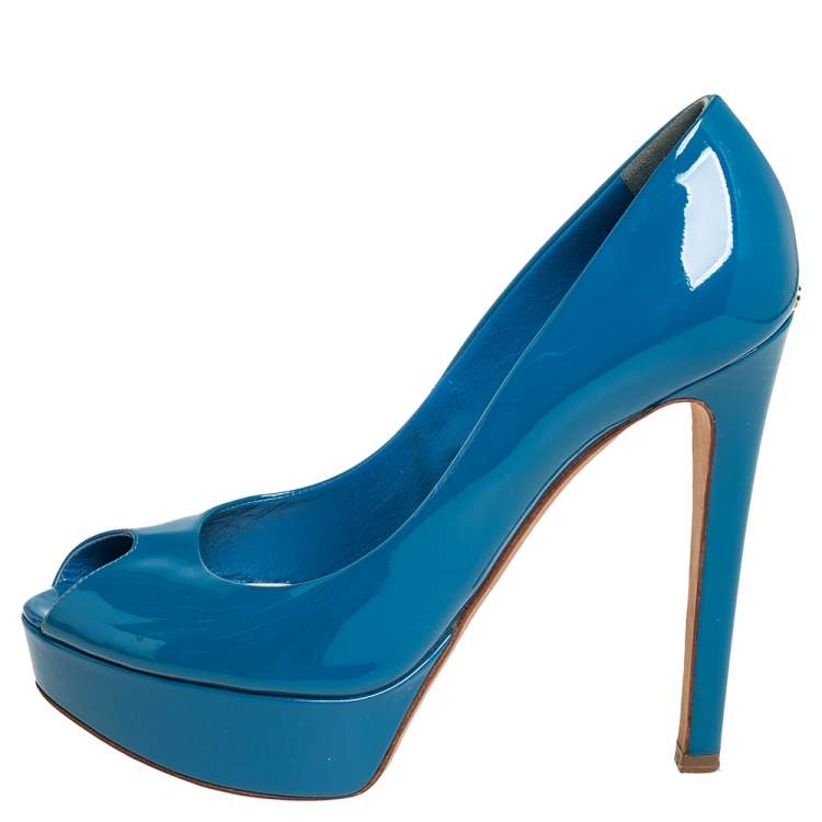Pre Owned Dior Blue Patent Leather Miss Dior Peep Toe Platform Pumps Size 37.5
