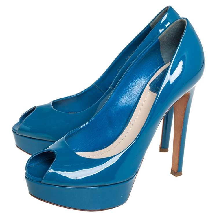 Pre Owned Dior Blue Patent Leather Miss Dior Peep Toe Platform Pumps Size 37.5