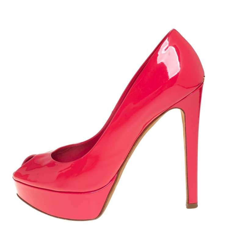 Pre Owned Dior Pink Patent Leather Platform Peep Toe Pumps Size 37